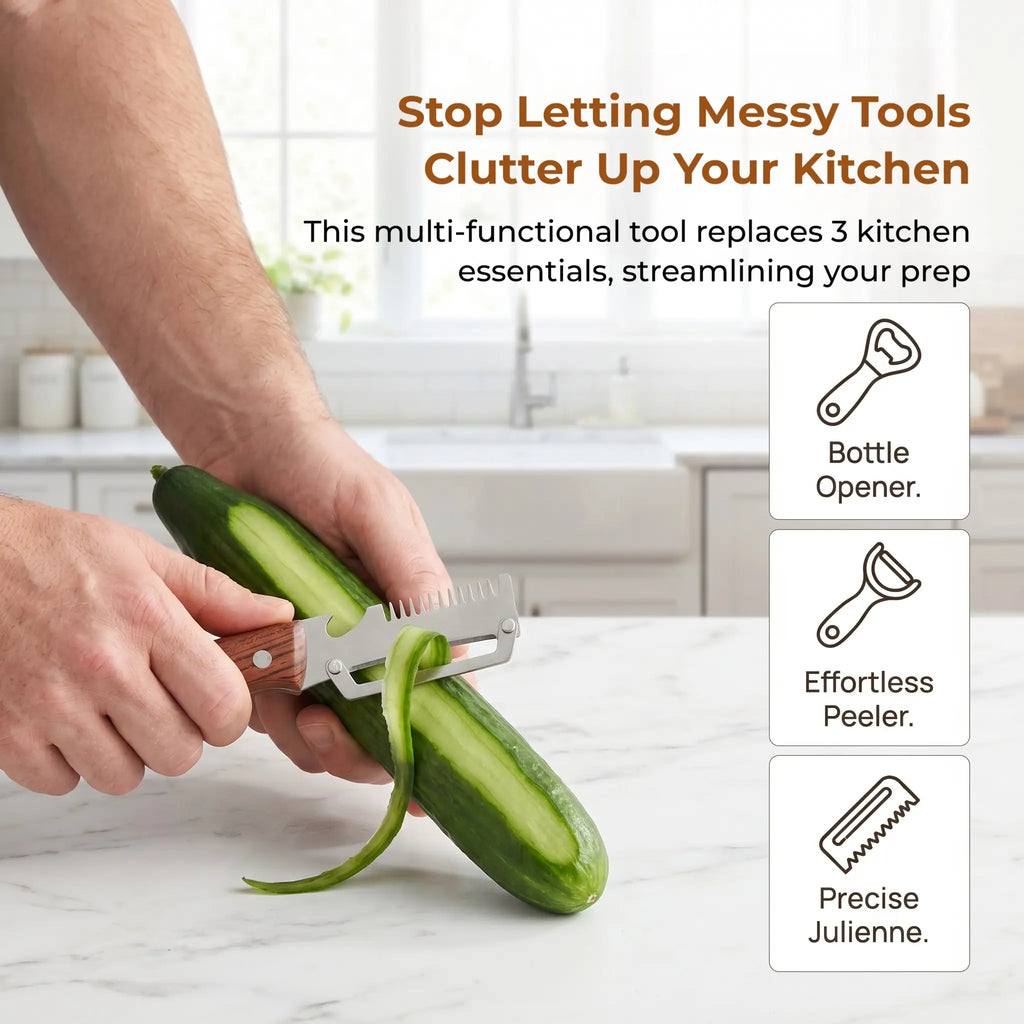 Transform Your Cooking Experience with the 2-Piece Premium 3-in-1 Kitchen Peeler – Heavy Duty Stainless Steel Multi-Tool with Ultra Sharp Vegetable Peeler, Julienne Shredder, and Convenient Bottle Opener!