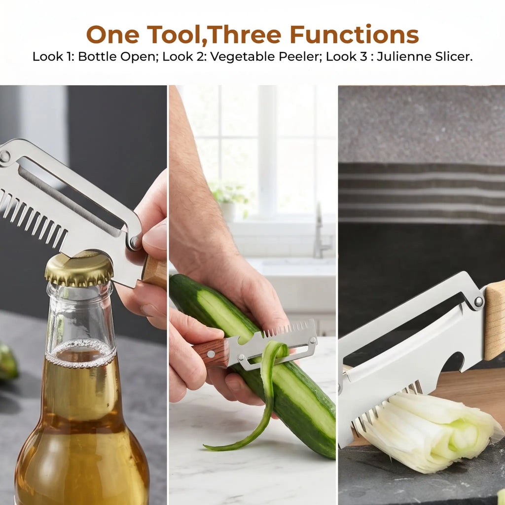 Transform Your Cooking Experience with the 2-Piece Premium 3-in-1 Kitchen Peeler – Heavy Duty Stainless Steel Multi-Tool with Ultra Sharp Vegetable Peeler, Julienne Shredder, and Convenient Bottle Opener!